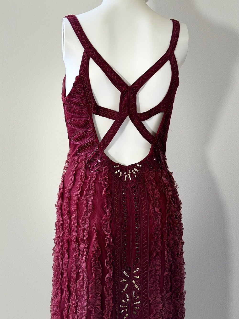 Sue Wong Burgundy Crochet & Beaded Midi Dress - Picture 13 of 15